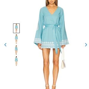 Blue V-Neck Dress with White Embroidery